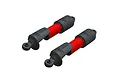 Two ARRMA red aluminium RC shock absorbers with black plastic caps and ends, shown against a white background.
