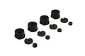 ARRMA shock cartridge set including four threaded shock caps, four internal spacers, and four small bushings arranged on a white background.