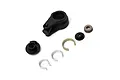 Axial RBX10 servo saver components including a black plastic arm, metal clips, and a splined gear insert on a white background.
