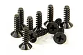A group of ten black metal countersunk head screws with coarse threads for RC hobby use.