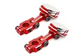 Two red anodized aluminium magnetic body mounts for RC cars, featuring adjustable arms and silver circular magnets.