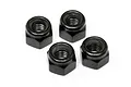 Four black steel nyloc nuts for RC vehicles arranged on a white background.