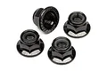 Four black steel flanged nyloc nuts arranged on a white background.