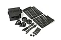 A Kyosho receiver box set including a black plastic receiver box, two mesh mud guards, and various mounting hardware components on a white background.