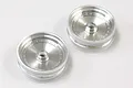 Two Kyosho 2.0-inch satin chrome front RC rims shown from a high-angle view on a white background.