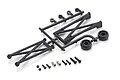 Kyosho FA541 wheelie bar set for Mad Van RC car, including black plastic parts on a sprue, small screws, nuts, and metal bushings.
