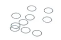 A collection of ten thin, silver-coloured metal washers scattered on a plain white background.