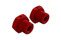 Two red anodized aluminium 17mm wheel hex adapters for ARRMA RC vehicles, shown against a plain white background.