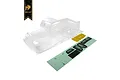 A clear, unpainted polycarbonate RC truck body shell for the Hobby Plus Harvest, shown with a decal sheet on a white background.