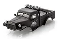 Matte grey Hobby Plus Harvest RC crawler body shell with roof-mounted LED lights and side decals on a white background.