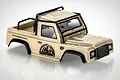 Hobby Plus 1/24 scale Defender style RC body shell in mustard yellow with a black roll cage and CR-24 mountain logo on the side.