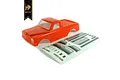 A metallic red Hobby Plus 1/18 scale Convoy RC truck body shell with an included decal sheet on a white background.