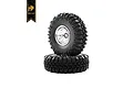 Two Hobby Plus 1.0 inch crawler wheels with aggressive tread pattern tyres and chrome rims stacked on a white background.