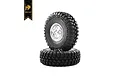 Two Hobby Plus 1.0 inch T-Finder AT crawler tyres mounted on chrome beadlock wheels, stacked vertically against a white background.