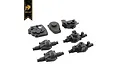 A collection of black plastic RC differential gear box and axle housing parts from Hobby Plus, arranged on a white background.