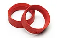 Two red foam tyre inserts for RC car wheels, shown against a plain white background.