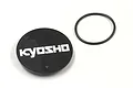 A black circular Kyosho rudder hatch cover with white logo and a separate black rubber O-ring on a white background.