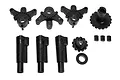 A set of black plastic RC spare parts including servo horns, gears, and cylindrical components on a white background.