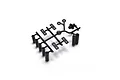 A black plastic parts tree containing various body mount components for a Kyosho 1/8 scale RC car.