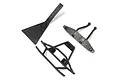 Three black plastic RC car bumper and chassis components for the Kyosho Outlaw Rampage, isolated on a white background.