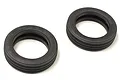 Two black rubber RC buggy front tyres with ribbed tread patterns on a white background.