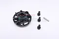 GPM Racing black aluminium spur gear adapter with three mounting screws and a small metal pin on a white background.