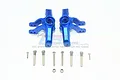 A pair of blue anodized aluminium steering hubs for RC cars, accompanied by various screws and nuts, displayed on a white background.
