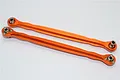 Two orange anodized aluminium steering linkages with metal ball ends, viewed from above against a white background.
