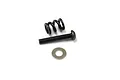 A black coil spring, a black machine screw, and a silver metal washer for an RC car servo saver.