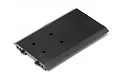A black rectangular plastic chassis plate for the Maverick Scout RC vehicle, shown from an elevated angle on a white background.