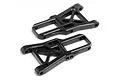 Two black plastic front lower suspension arms for a 1/10 scale Maverick Strada RC car, shown from an overhead angle on a white background.