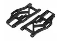Two black plastic front lower suspension arms for a 1/10 scale RC car, shown from an angled top-down perspective.