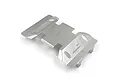 A stainless steel skid plate for an RC vehicle, featuring a metallic finish and laser-etched Yeah Racing logo on a white background.