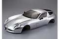 A silver painted 1/10 scale RC car body shell of an Alfa Romeo TZ3 Corsa, shown from a high-angle front three-quarter view against a grey background.