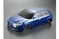 A metallic blue 1/10 scale RC car body shell of a 2010 Alfa Romeo Giulietta, shown from a high-angle studio perspective.