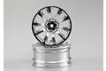 Two shiny chrome-finished RC drift car rims stacked on a light grey background.