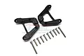 Two black aluminium RC rear shock towers with a set of silver mounting screws on a white background.