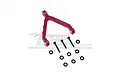 A red aluminium front upper linkage mount for an RC car, accompanied by three black screws and eight small black rubber O-rings.