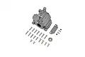 GPM Racing aluminium gearbox case in silver with included screws, bearing, and mounting plate on a white background.