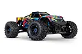 Traxxas Maxx 4S RC monster truck with a vibrant multi-coloured abstract paint job and large black off-road tires.