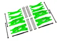 Traxxas X-Maxx wide kit components including green suspension arms, black coil springs, and suspension links laid out on a white background.
