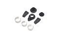 A set of Losi RC spare parts including black plastic servo mount components, small plastic bushings, and three thin metal C-clips.