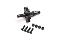 A Losi differential locker spool set featuring a black metal spool, four black countersunk screws, and four black nylon lock nuts on a white background.