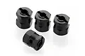 Four black aluminium RC wheel hex adapters arranged on a white background.