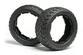 Two black HPI Tarmac Buster RC buggy tyres for the Baja 5B, shown from an angle against a white background.