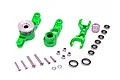 A set of green anodized aluminium RC steering assembly components including bell cranks, a servo saver, bearings, screws, and washers on a white background.