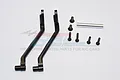 Two black aluminium RC front linkages with a set of screws and a metal spacer on a white background.