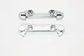 Two silver aluminium RC front suspension arm pin braces from GPM Racing, shown with four small washers on a white background.