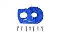 A blue anodized aluminium motor mount for RC cars with seven small metal screws arranged in a row below it.