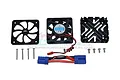 GPM Racing black aluminium motor heat sink kit with cooling fan, fan guard, screws, and a Y-harness connector on a white background.